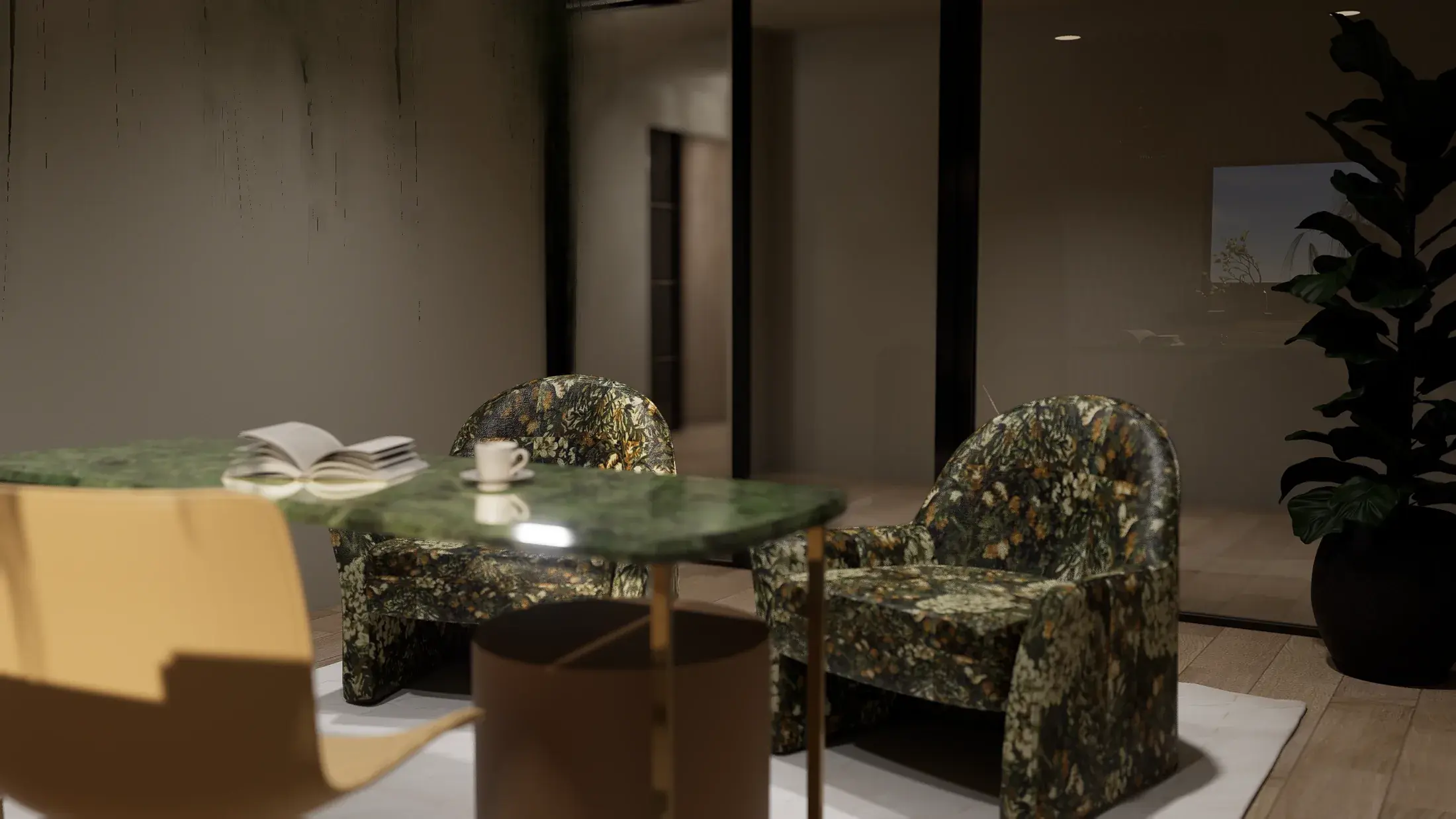 Warm contemporary consultation lounge visualization